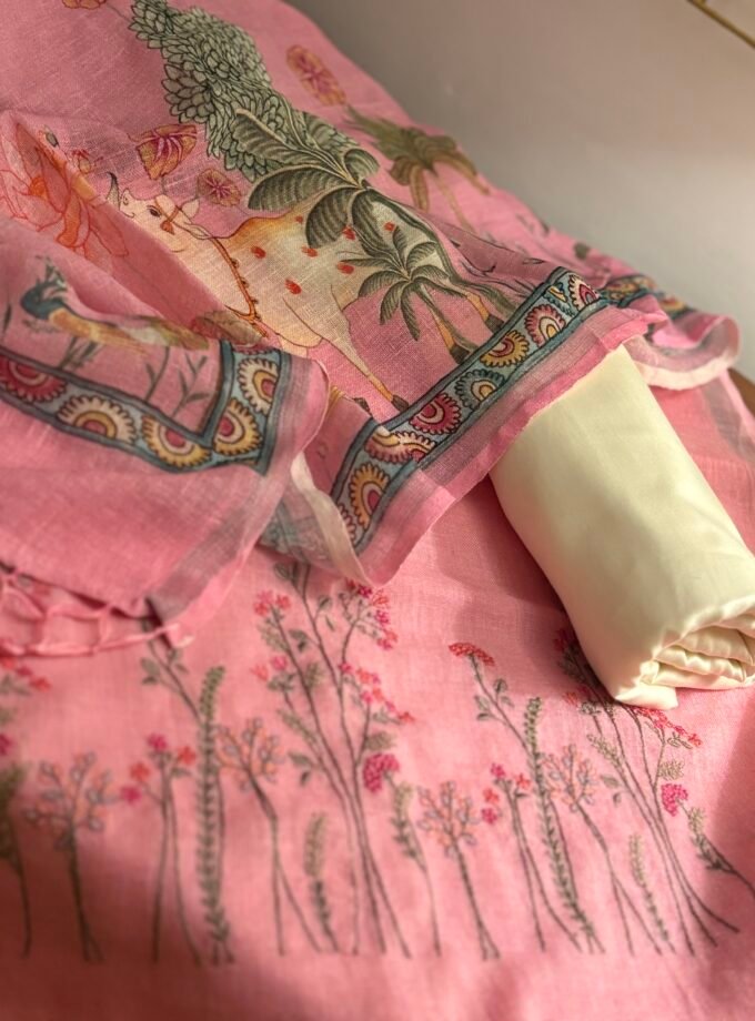 Pichwai Embroidered Pure Linen by Linen Salwar Set by Ikhtirah