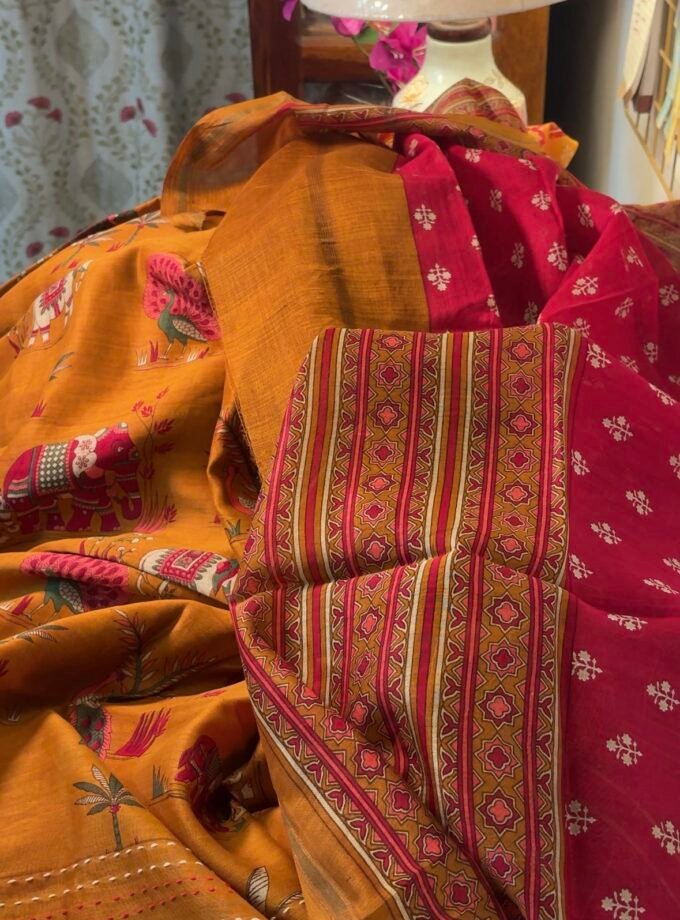 Pure Maheshwari Silk Salwars with Hand Kantha Highlights by Ikhtirah