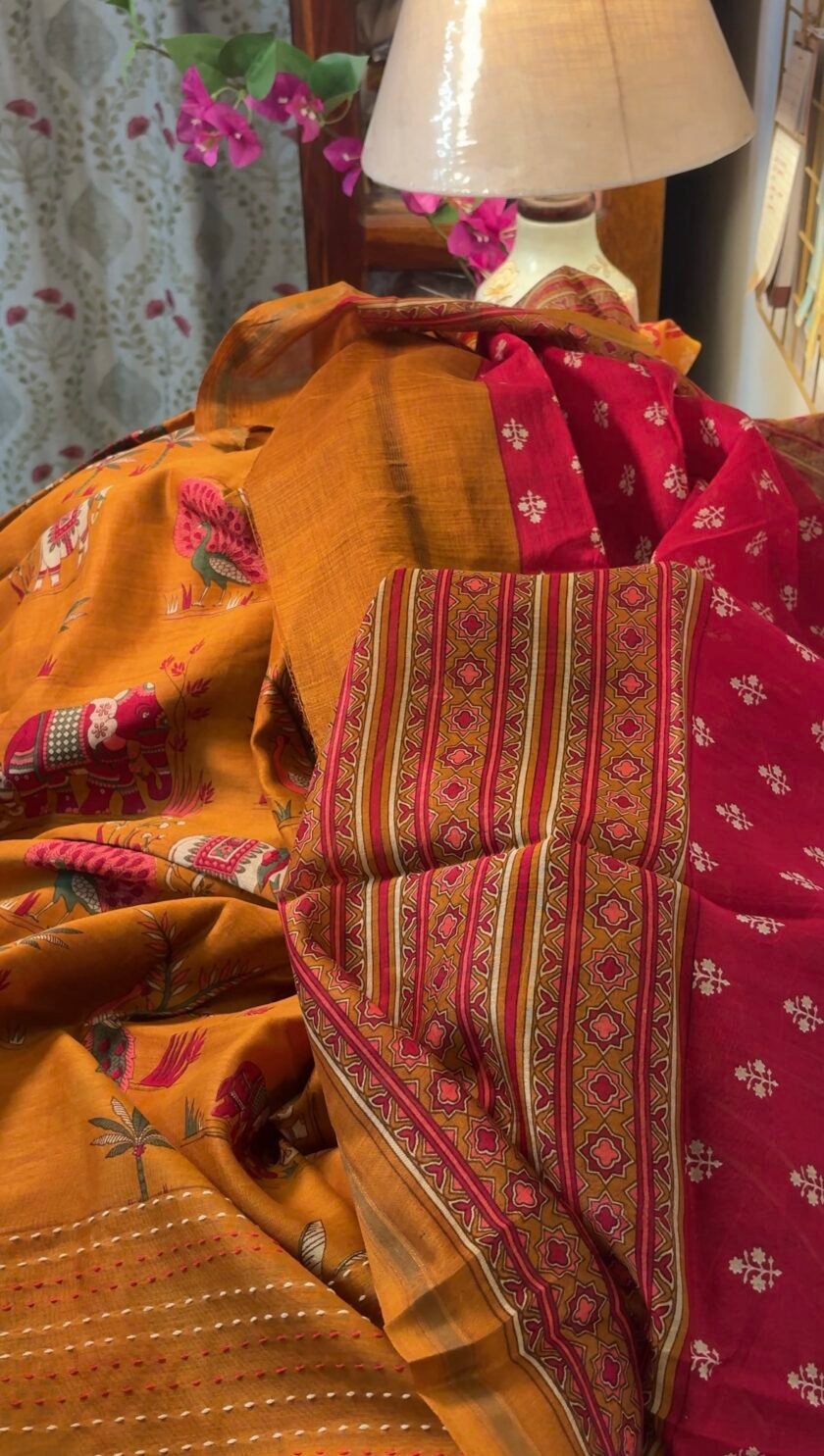 Pure Maheshwari Silk Salwars with Hand Kantha Highlights by Ikhtirah - Image 2