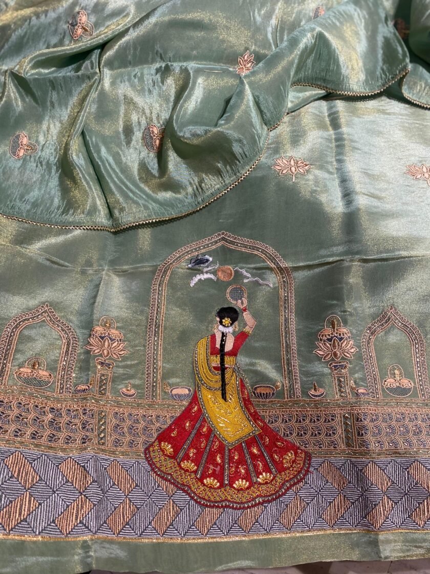 Embroidered Shimmer Tissue Salwars by Ikhtirah (Green) - Image 2