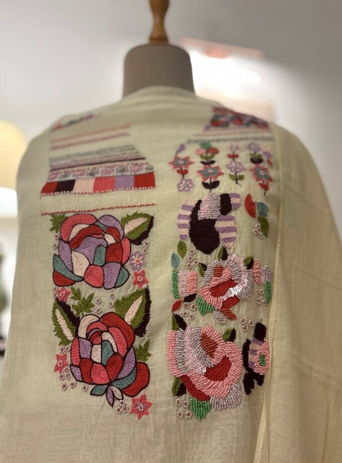 3d Handworked Pure Chanderi Mul Salwars by Ikhtirah (Butter)