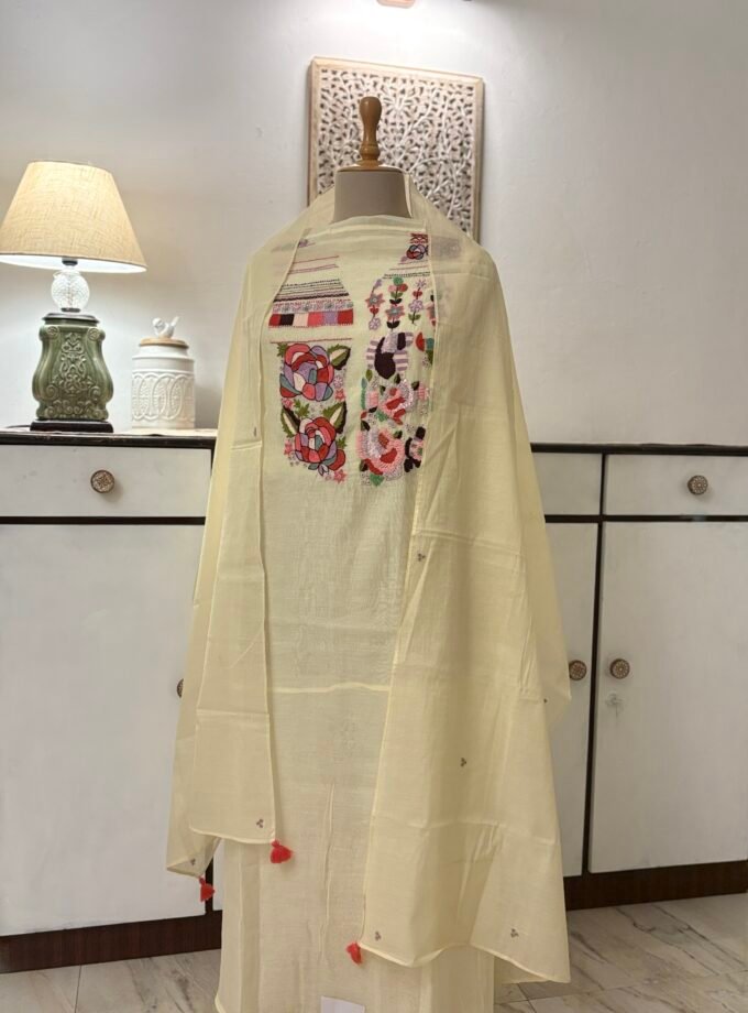 3d Handworked Pure Chanderi Mul Salwars by Ikhtirah (Butter)