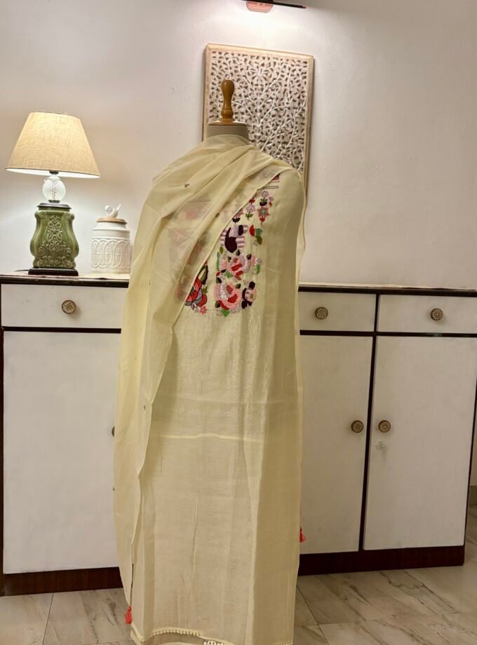 3d Handworked Pure Chanderi Mul Salwars by Ikhtirah (Butter)