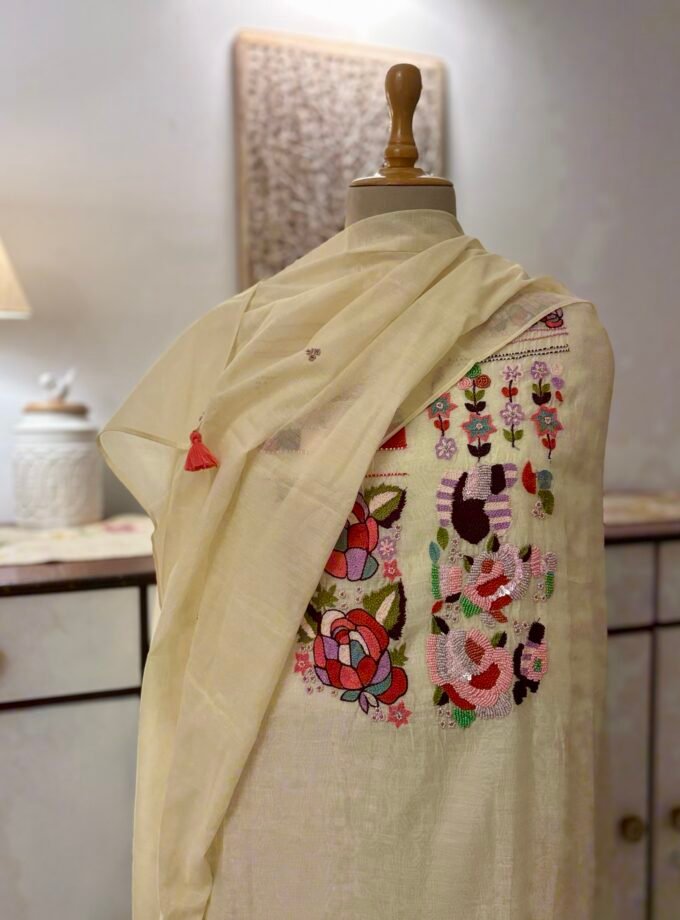 3d Handworked Pure Chanderi Mul Salwars by Ikhtirah (Butter)