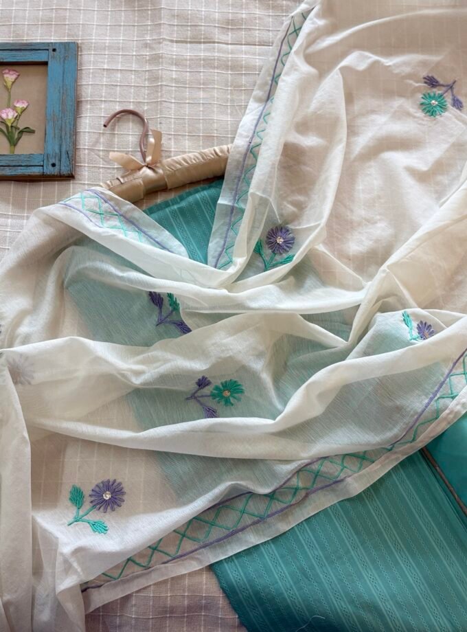 Hand Embroidered Pure Chanderi Cotton Dupatta with Pure Cotton Voile Salwars by Ikhtirah