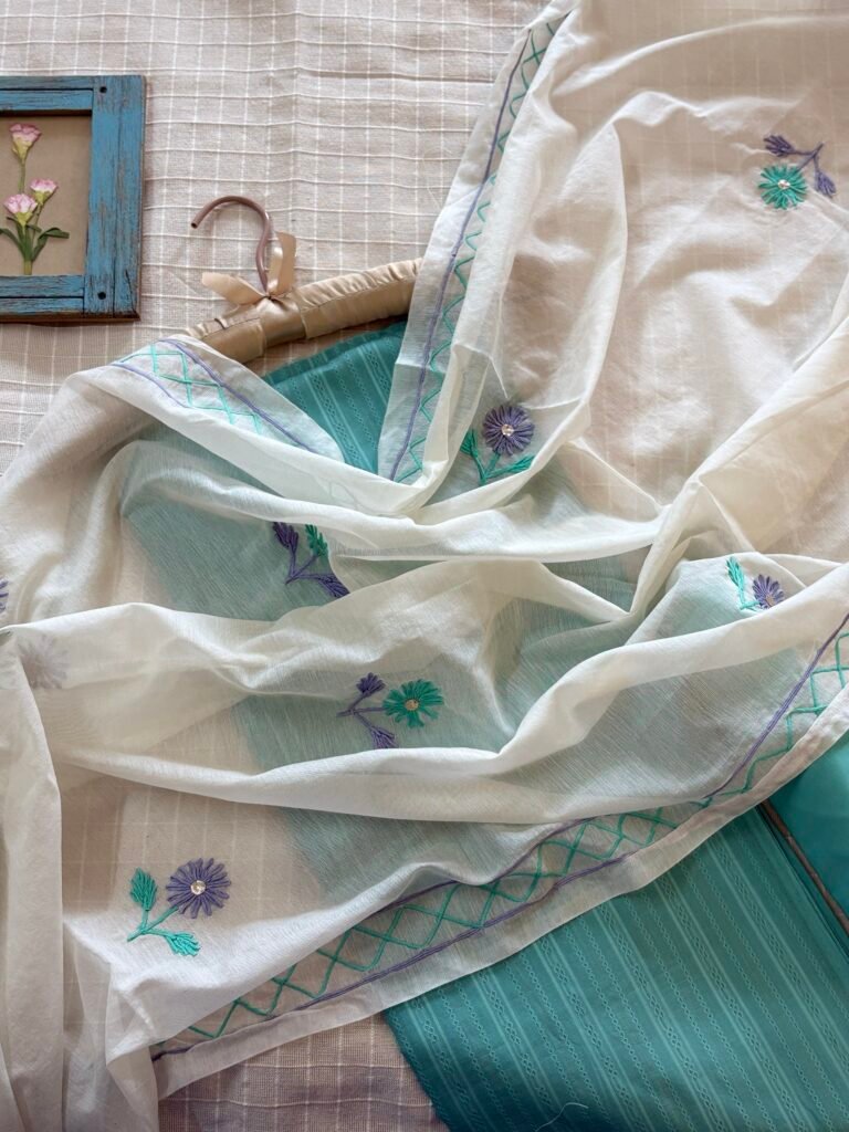 Hand Embroidered Pure Chanderi Cotton Dupatta with Pure Cotton Voile Salwars by Ikhtirah