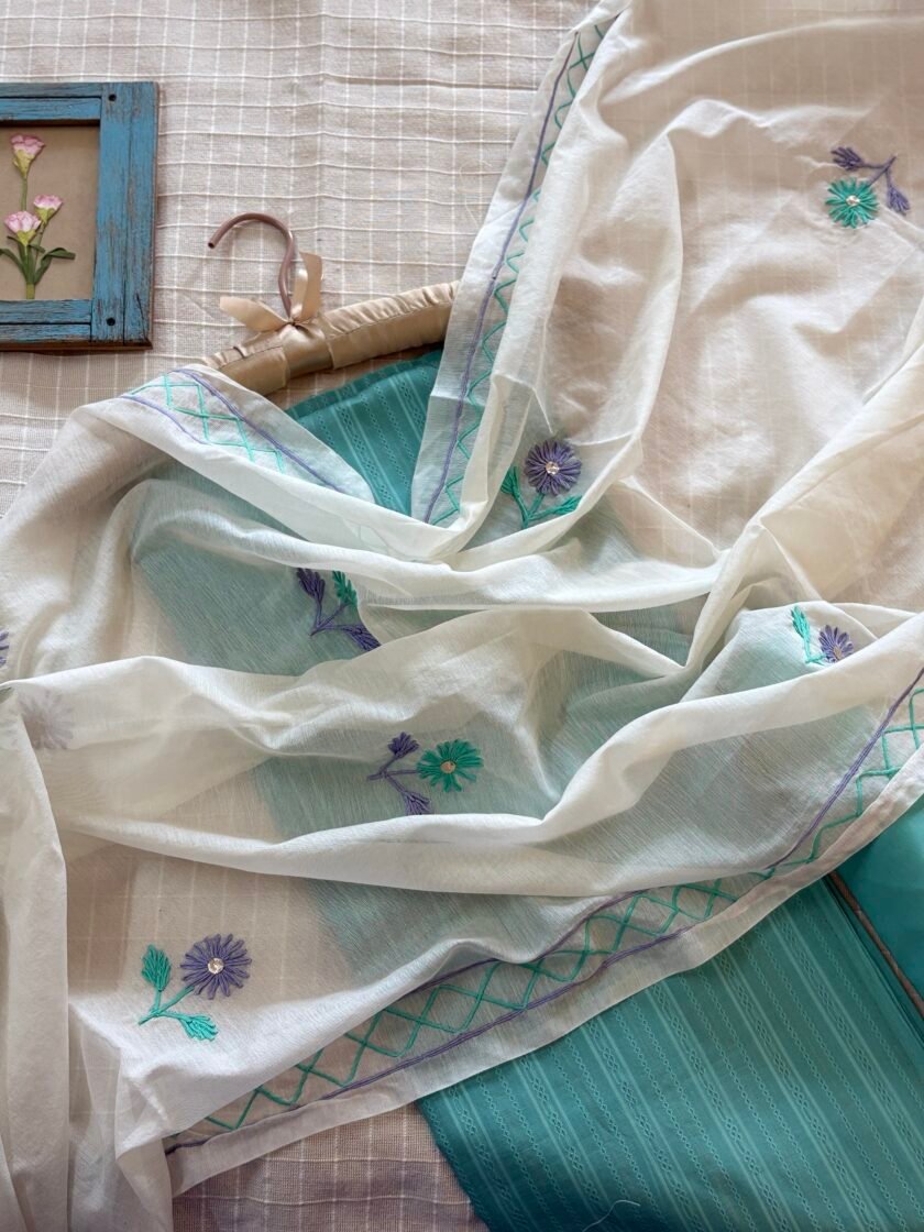 Hand Embroidered Pure Chanderi Cotton Dupatta with Pure Cotton Voile Salwars by Ikhtirah