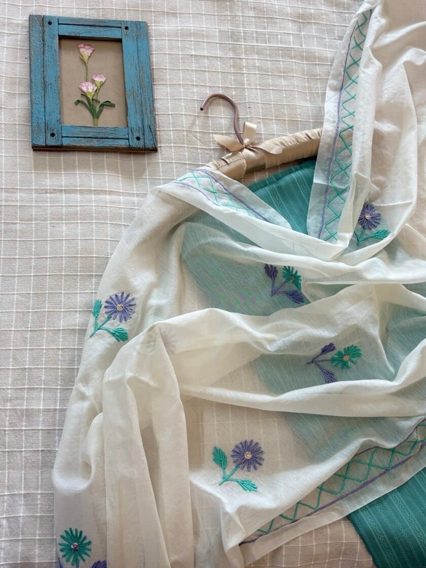 Hand Embroidered Pure Chanderi Cotton Dupatta with Pure Cotton Voile Salwars by Ikhtirah - Image 3