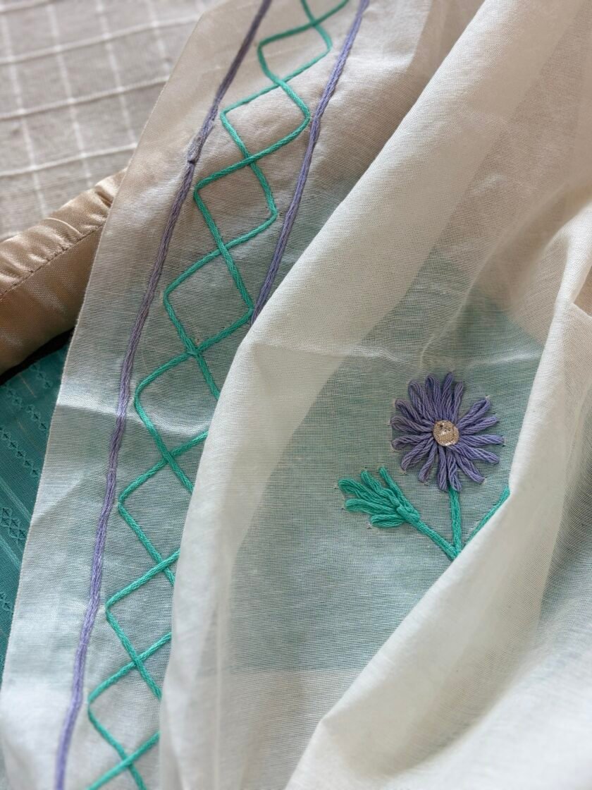 Hand Embroidered Pure Chanderi Cotton Dupatta with Pure Cotton Voile Salwars by Ikhtirah - Image 4