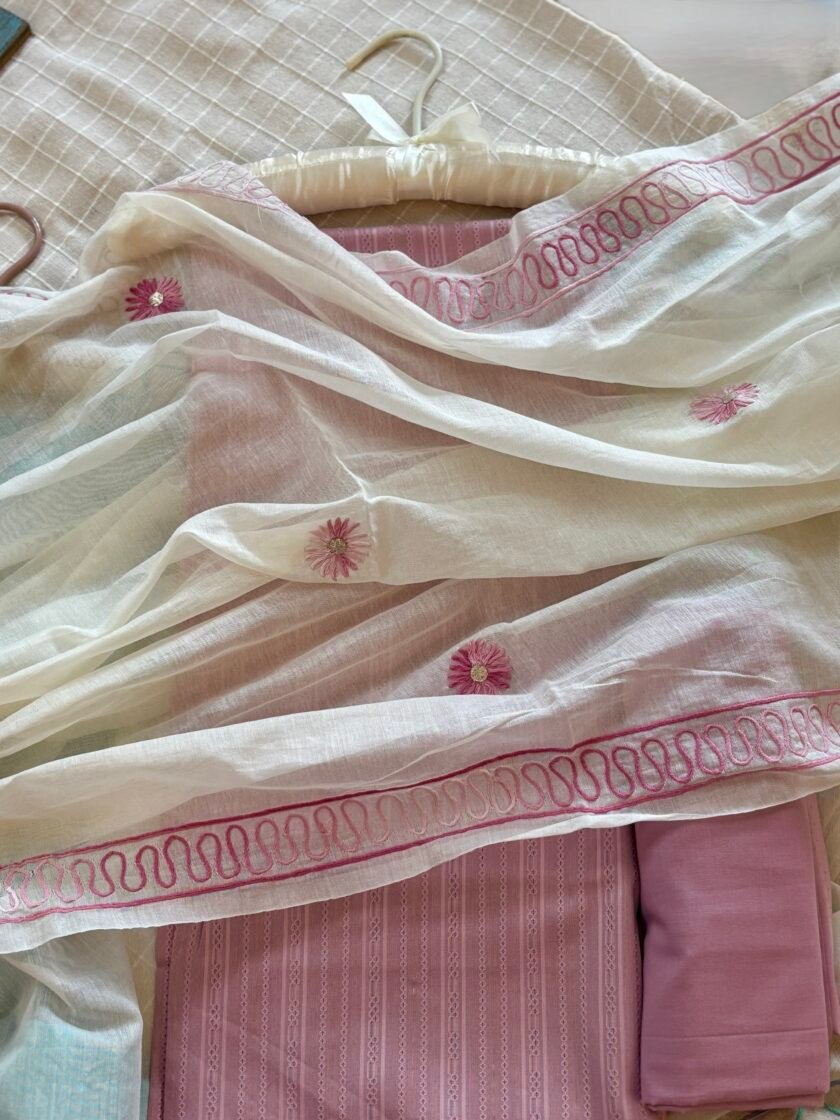 Hand Embroidered Pure Chanderi Cotton Dupatta with Pure Cotton Voile Salwars by Ikhtirah - Image 5