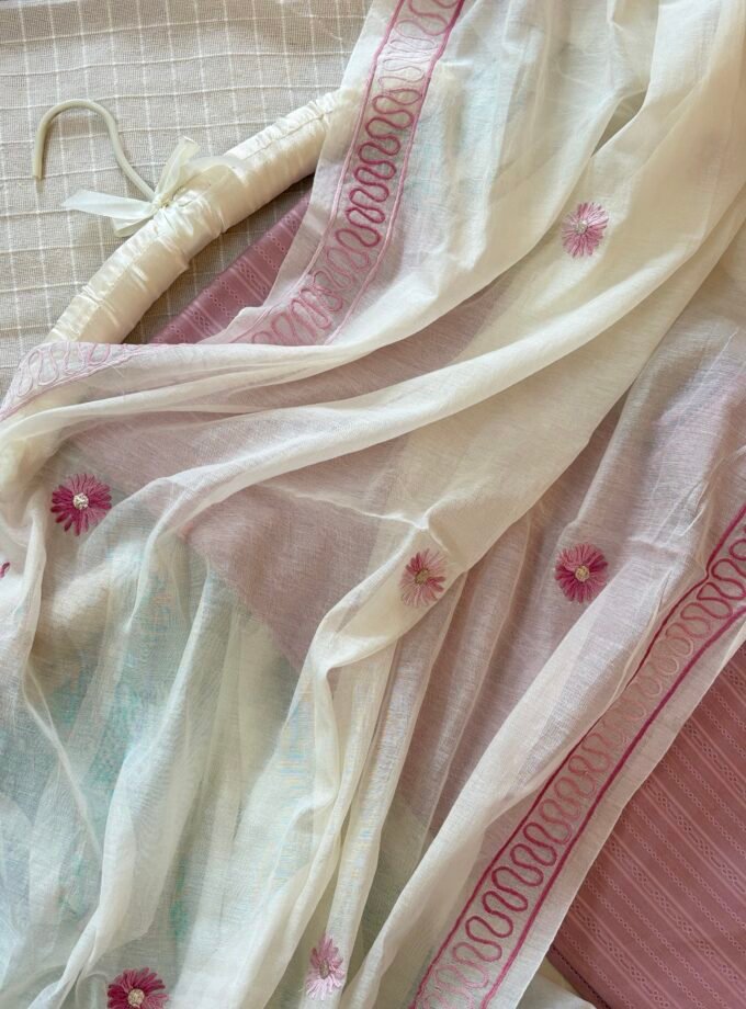 Hand Embroidered Pure Chanderi Cotton Dupatta with Pure Cotton Voile Salwars by Ikhtirah