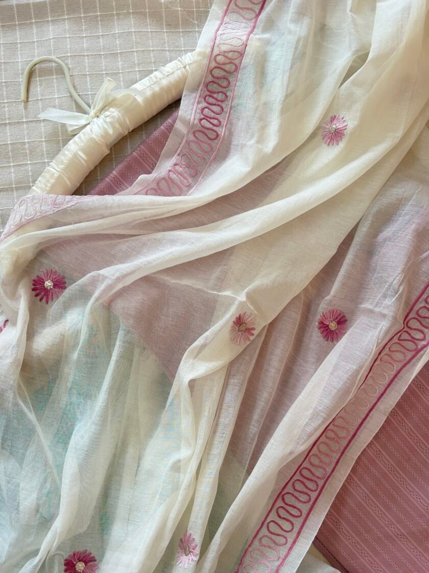 Hand Embroidered Pure Chanderi Cotton Dupatta with Pure Cotton Voile Salwars by Ikhtirah - Image 4