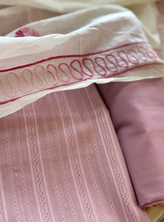 Hand Embroidered Pure Chanderi Cotton Dupatta with Pure Cotton Voile Salwars by Ikhtirah