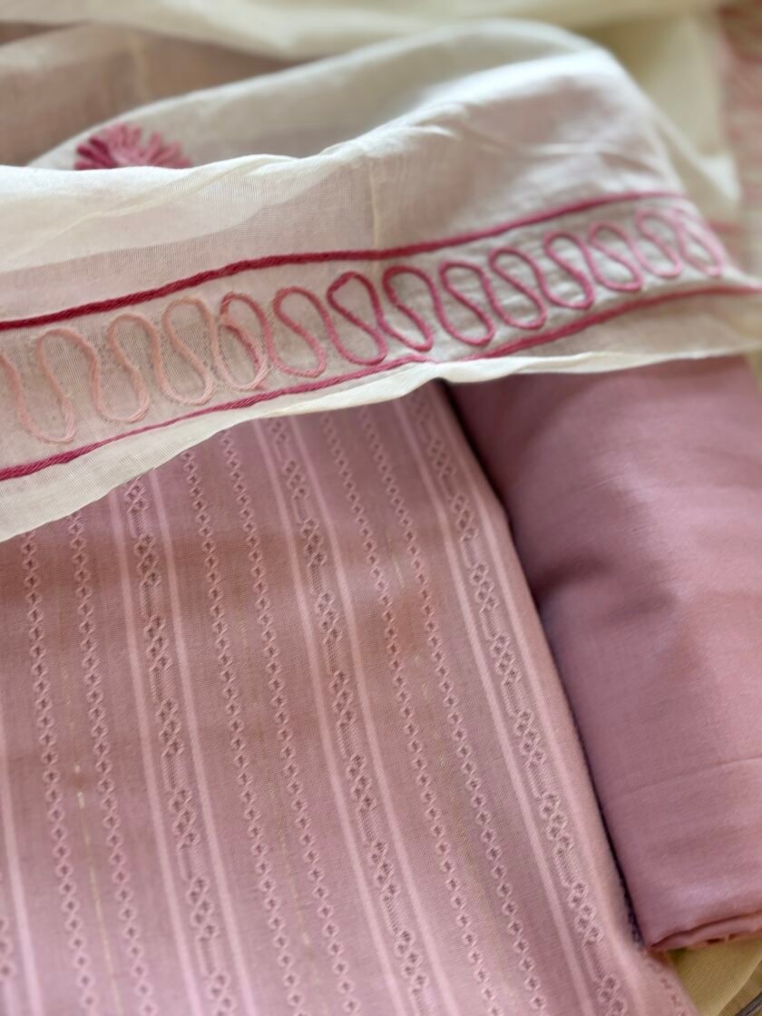 Hand Embroidered Pure Chanderi Cotton Dupatta with Pure Cotton Voile Salwars by Ikhtirah - Image 6