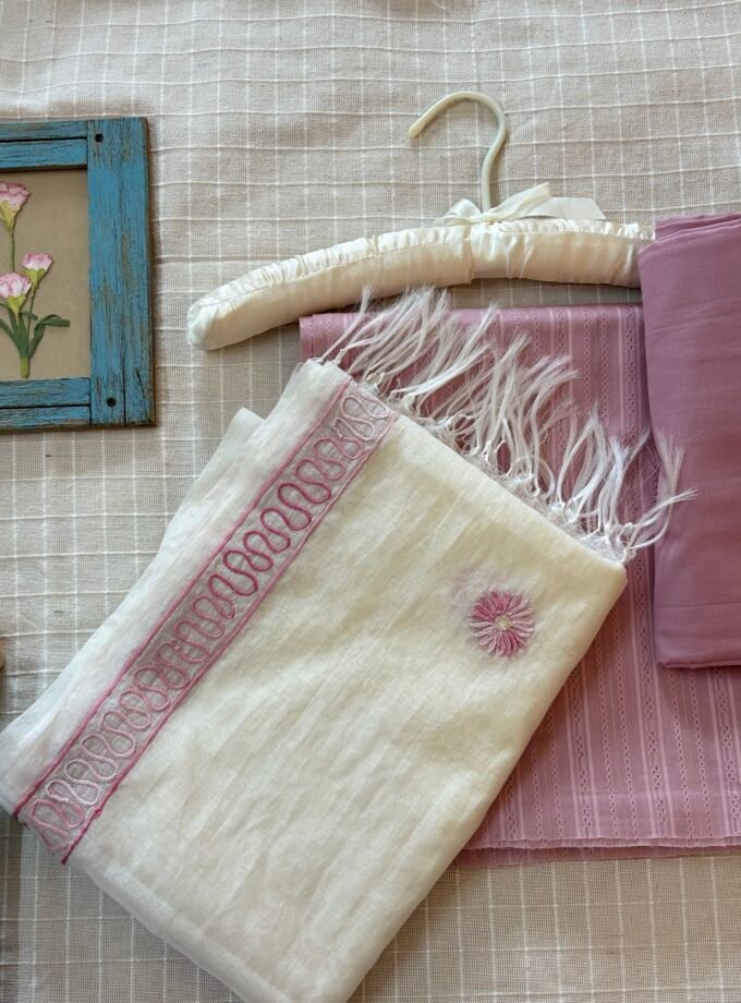 Hand Embroidered Pure Chanderi Cotton Dupatta with Pure Cotton Voile Salwars by Ikhtirah