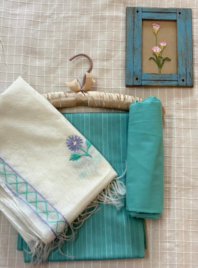 Hand Embroidered Pure Chanderi Cotton Dupatta with Pure Cotton Voile Salwars by Ikhtirah