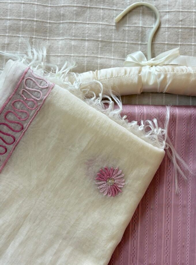 Hand Embroidered Pure Chanderi Cotton Dupatta with Pure Cotton Voile Salwars by Ikhtirah