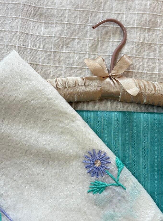 Hand Embroidered Pure Chanderi Cotton Dupatta with Pure Cotton Voile Salwars by Ikhtirah