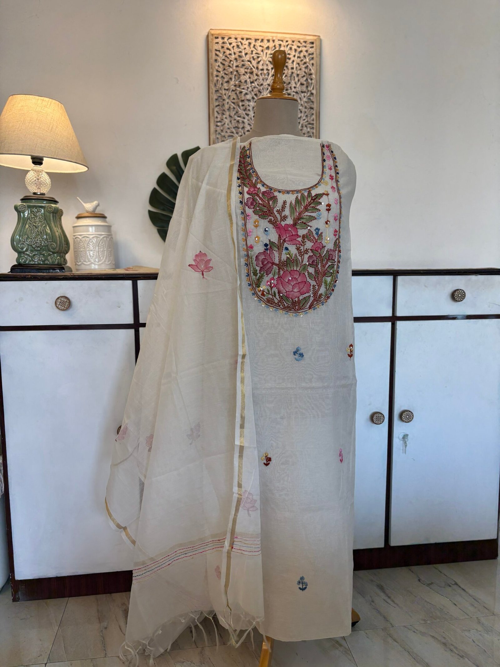 Hand Brush Painted and Hand Embroidered Mul Chanderi Salwars by Ikhtirah - Image 3
