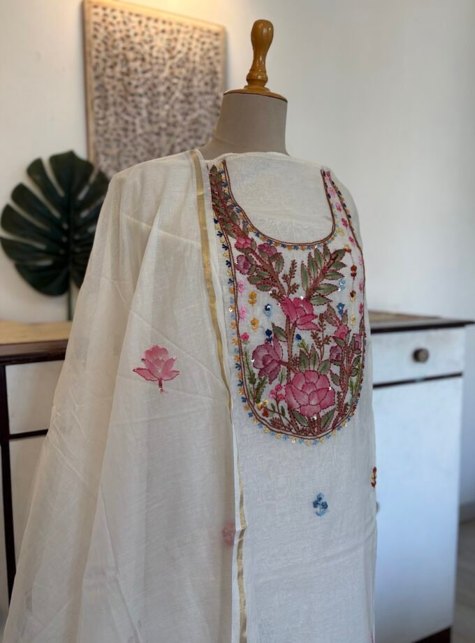 Hand Brush Painted and Hand Embroidered Mul Chanderi Salwars by Ikhtirah