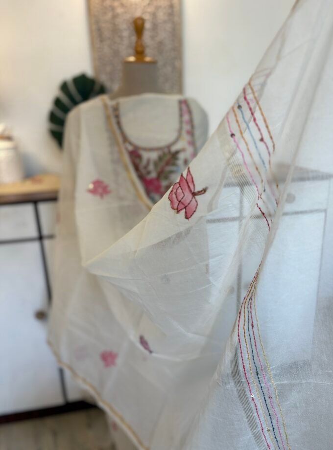 Hand Brush Painted and Hand Embroidered Mul Chanderi Salwars by Ikhtirah