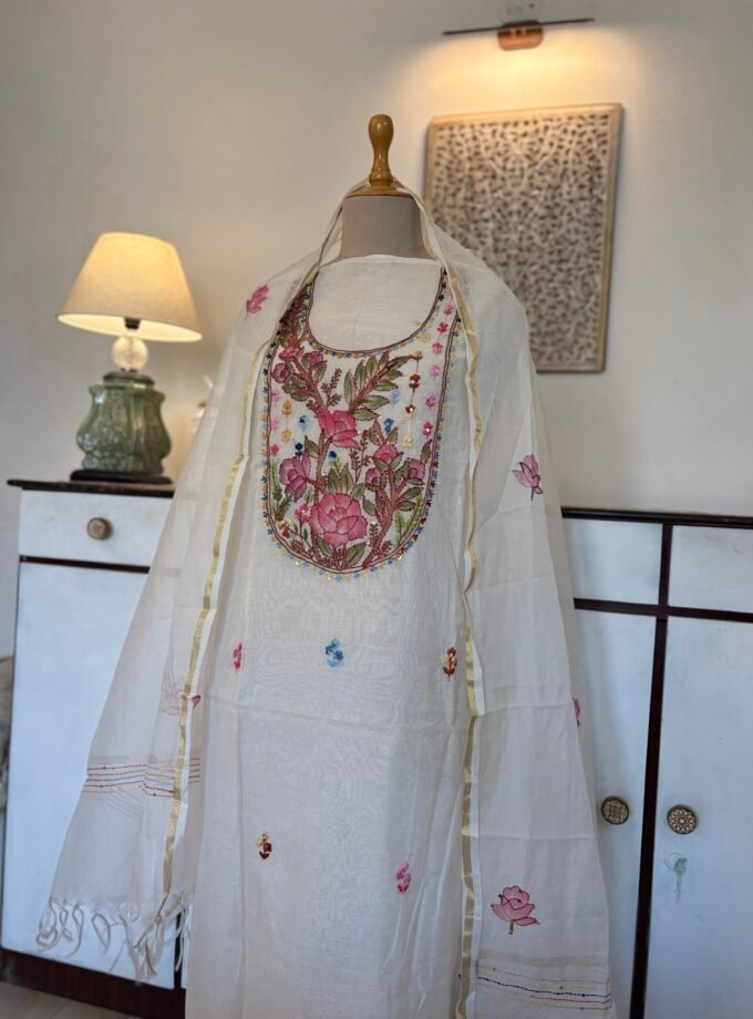 Hand Brush Painted and Hand Embroidered Mul Chanderi Salwars by Ikhtirah