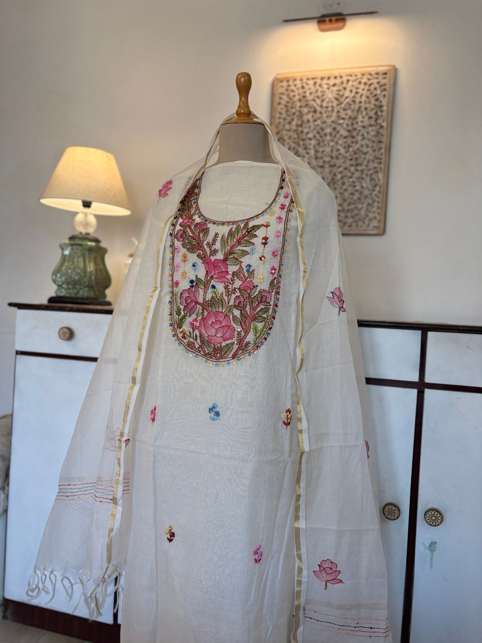 Hand Brush Painted and Hand Embroidered Mul Chanderi Salwars by Ikhtirah - Image 4