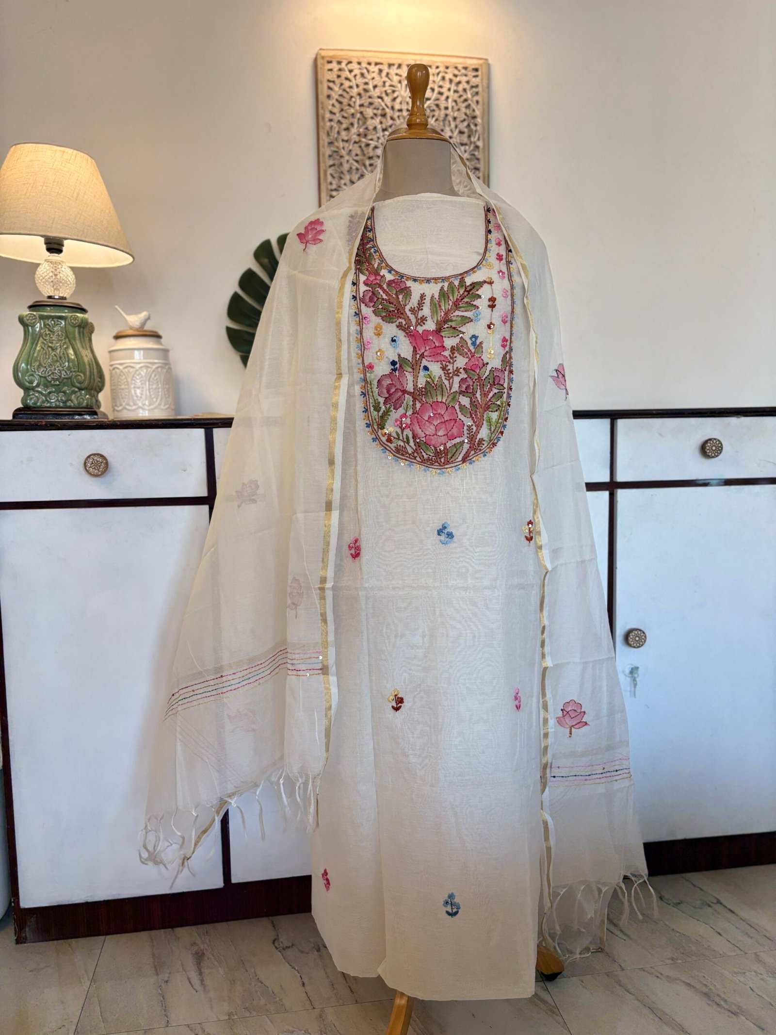 Hand Brush Painted and Hand Embroidered Mul Chanderi Salwars by Ikhtirah - Image 7