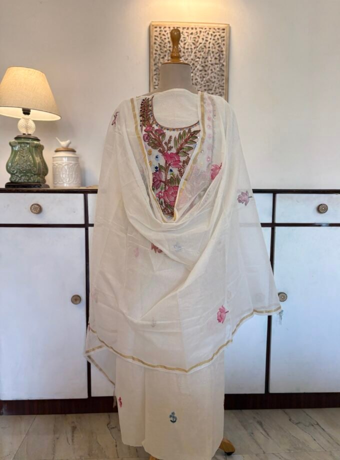 Hand Brush Painted and Hand Embroidered Mul Chanderi Salwars by Ikhtirah