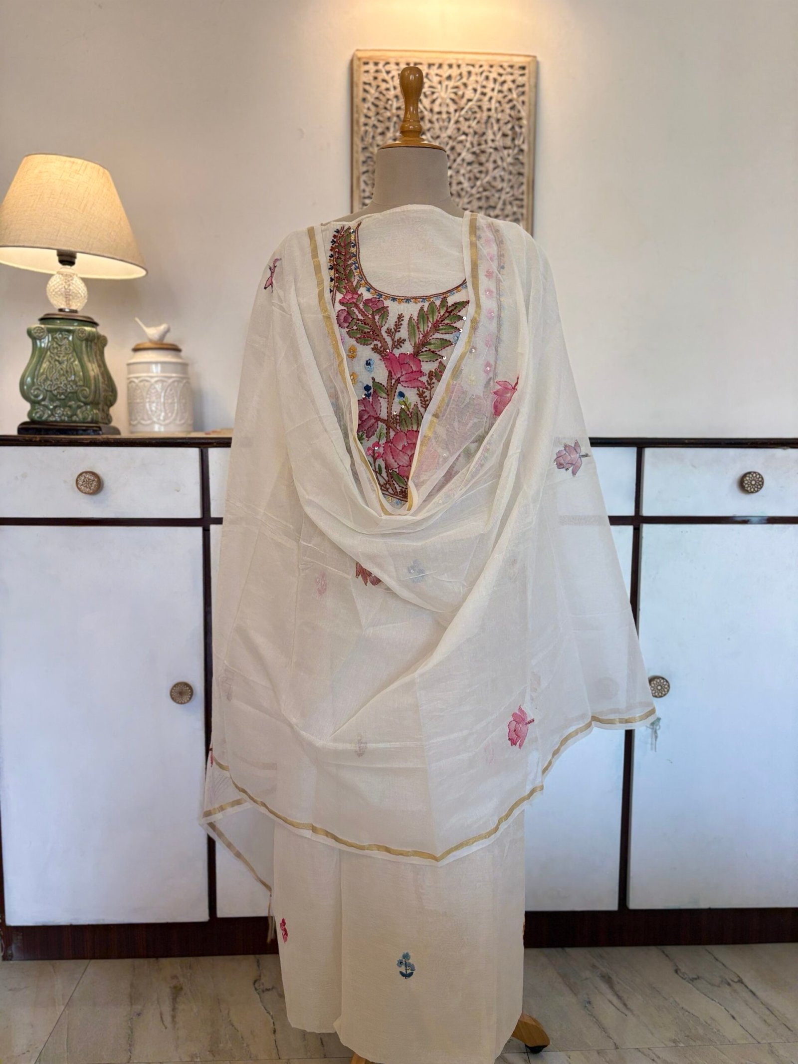 Hand Brush Painted and Hand Embroidered Mul Chanderi Salwars by Ikhtirah - Image 6