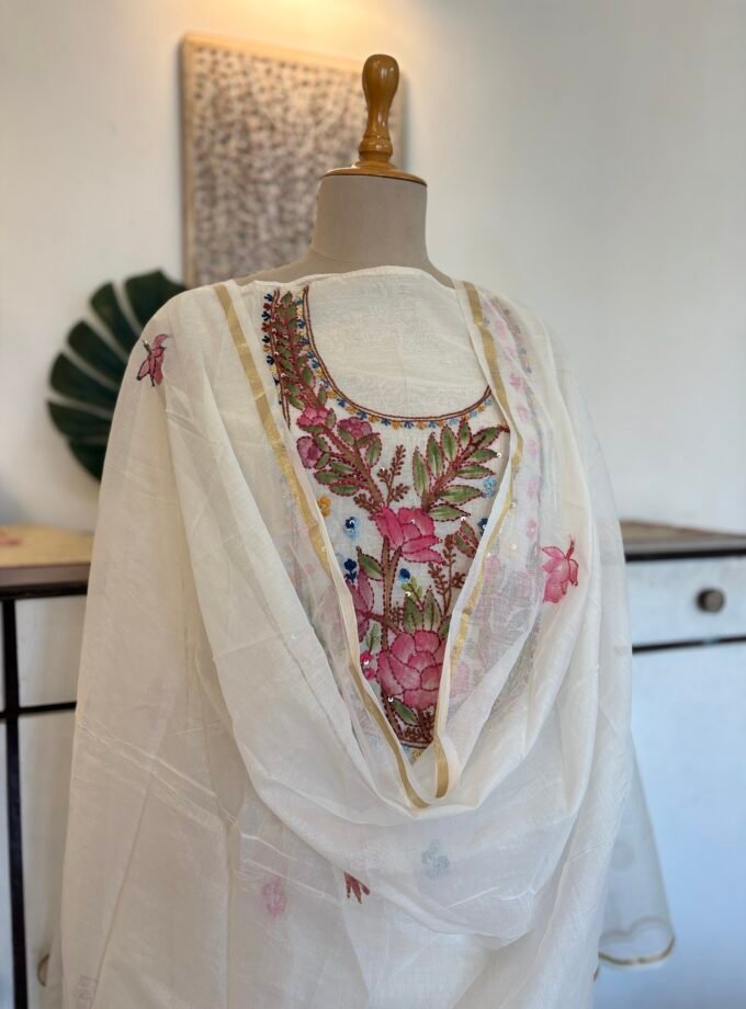 Hand Brush Painted and Hand Embroidered Mul Chanderi Salwars by Ikhtirah