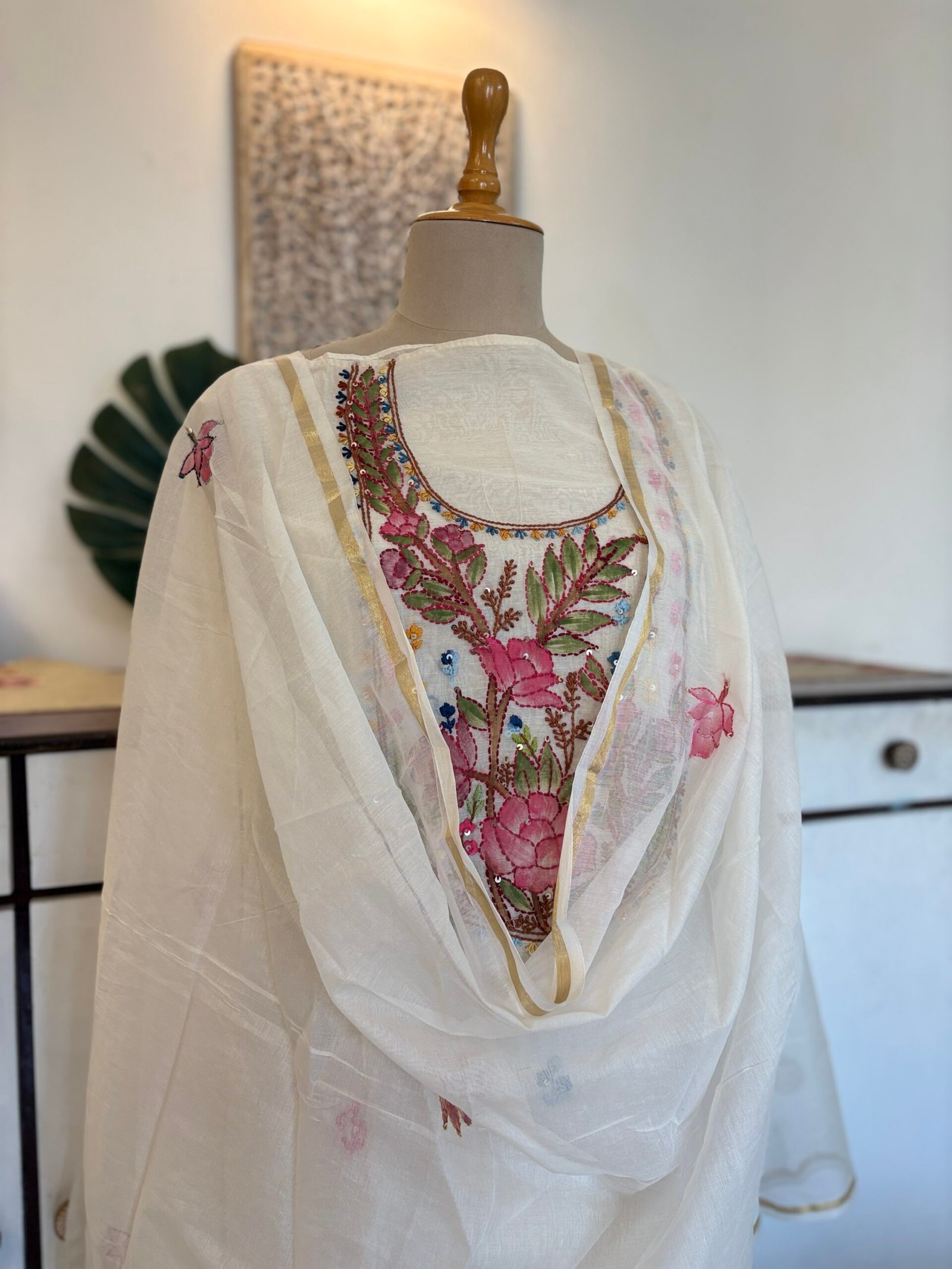 Hand Brush Painted and Hand Embroidered Mul Chanderi Salwars by Ikhtirah - Image 10