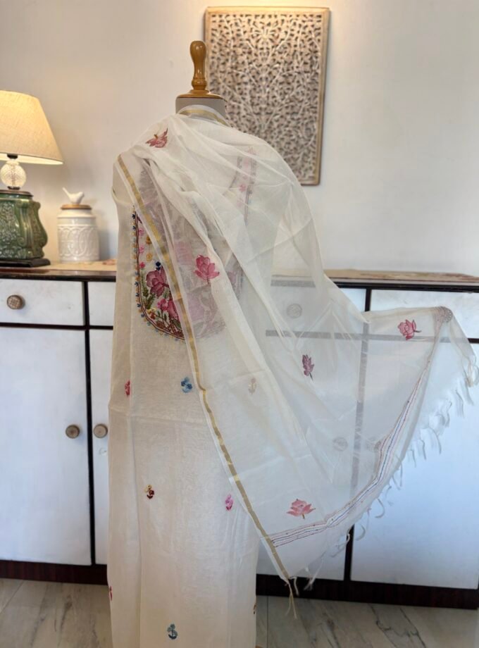 Hand Brush Painted and Hand Embroidered Mul Chanderi Salwars by Ikhtirah