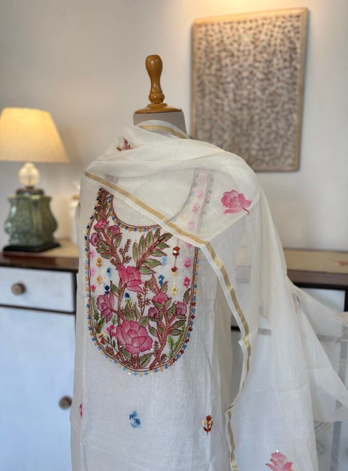 Hand Brush Painted and Hand Embroidered Mul Chanderi Salwars by Ikhtirah