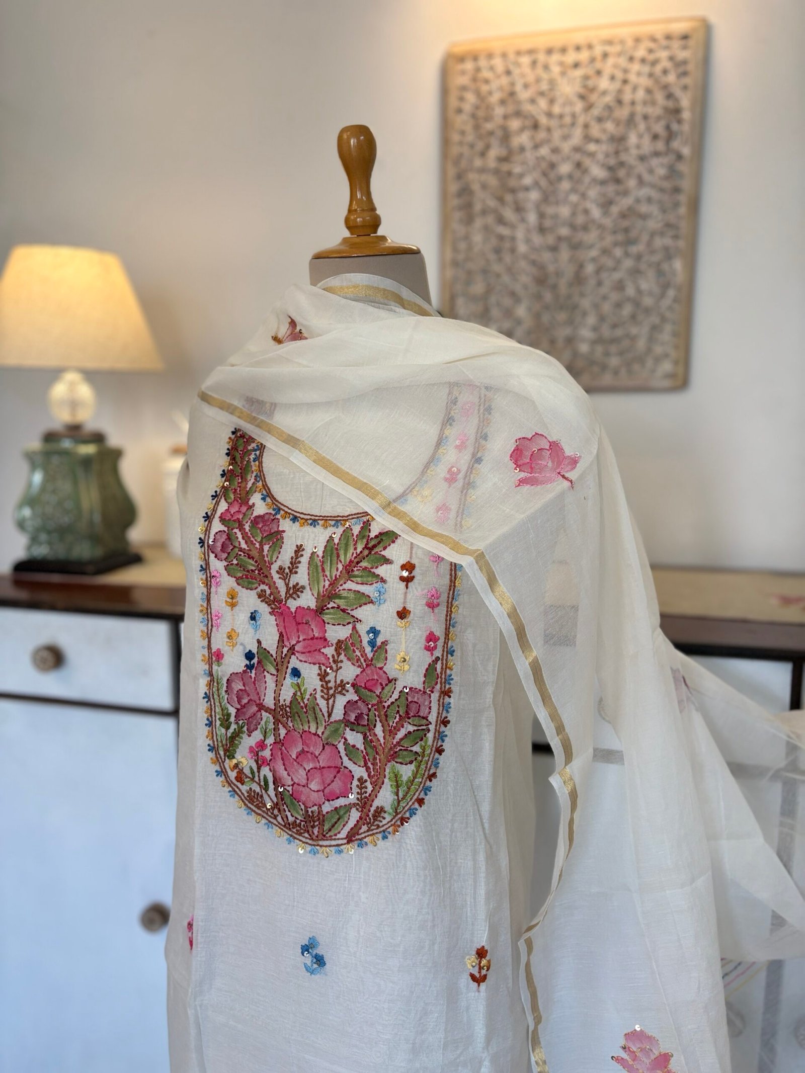 Hand Brush Painted and Hand Embroidered Mul Chanderi Salwars by Ikhtirah