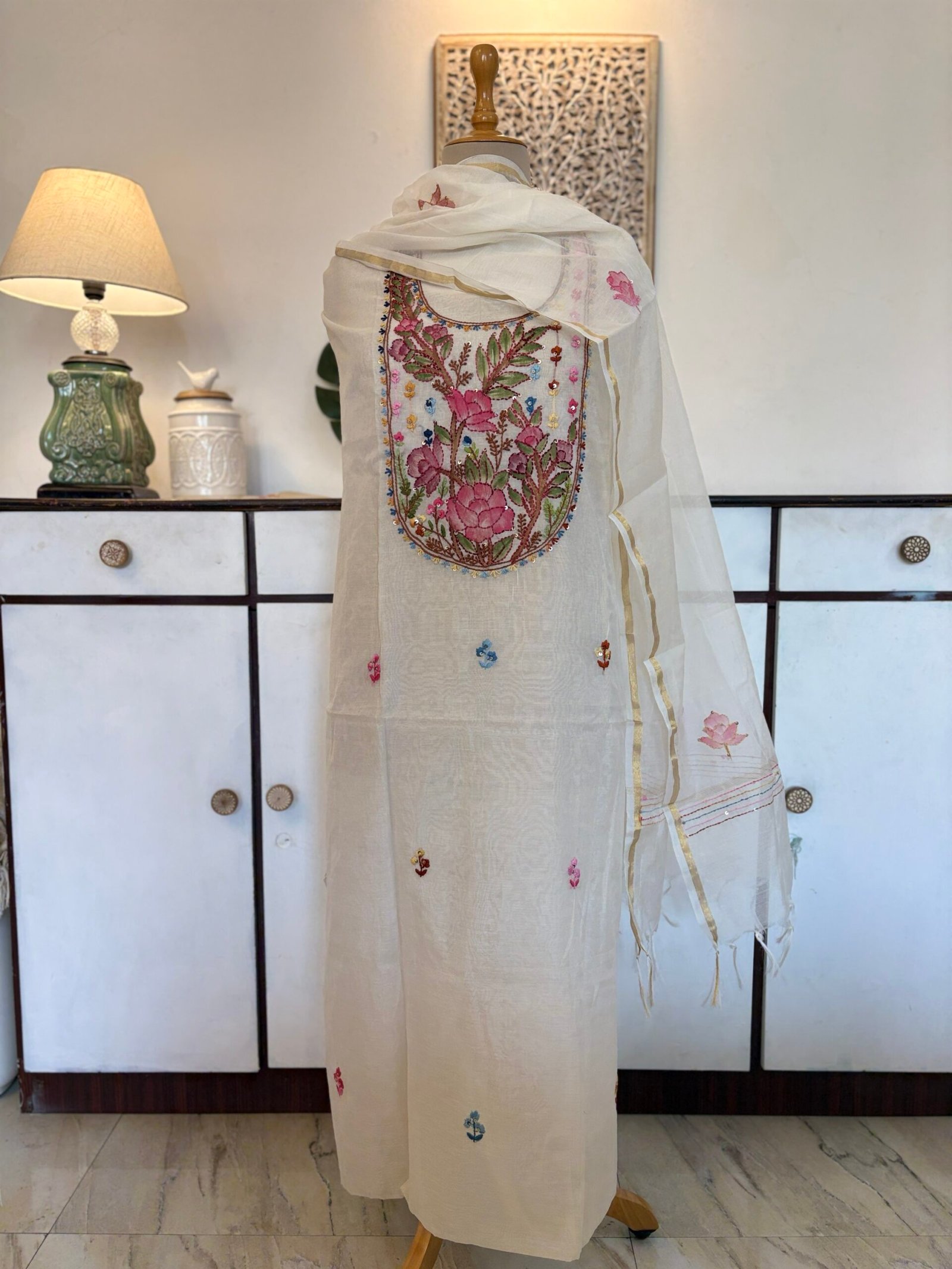 Hand Brush Painted and Hand Embroidered Mul Chanderi Salwars by Ikhtirah - Image 11