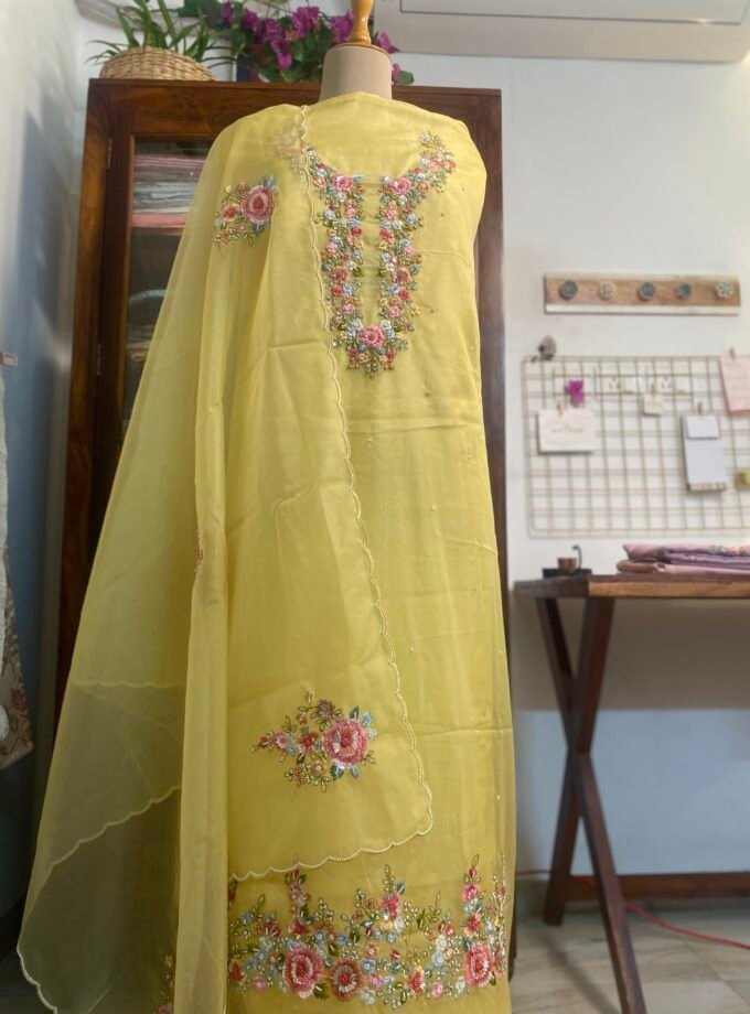 Hand Embroidered 3D Floral Organza by Organza Salwars by Ikhtirah (yellow)