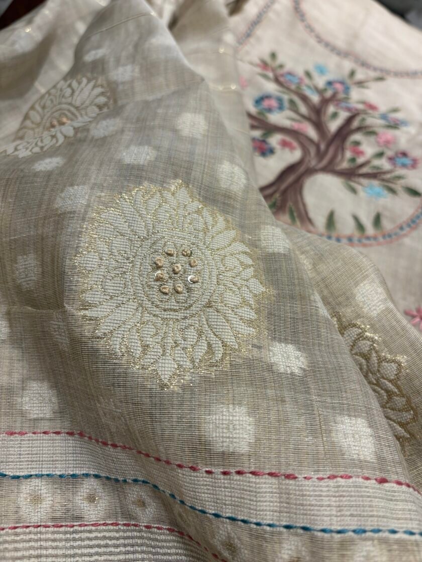 HandPainted and Hand Embroidered Chanderi Cotton Jamdani Salwars by Ikhtirah - Image 3