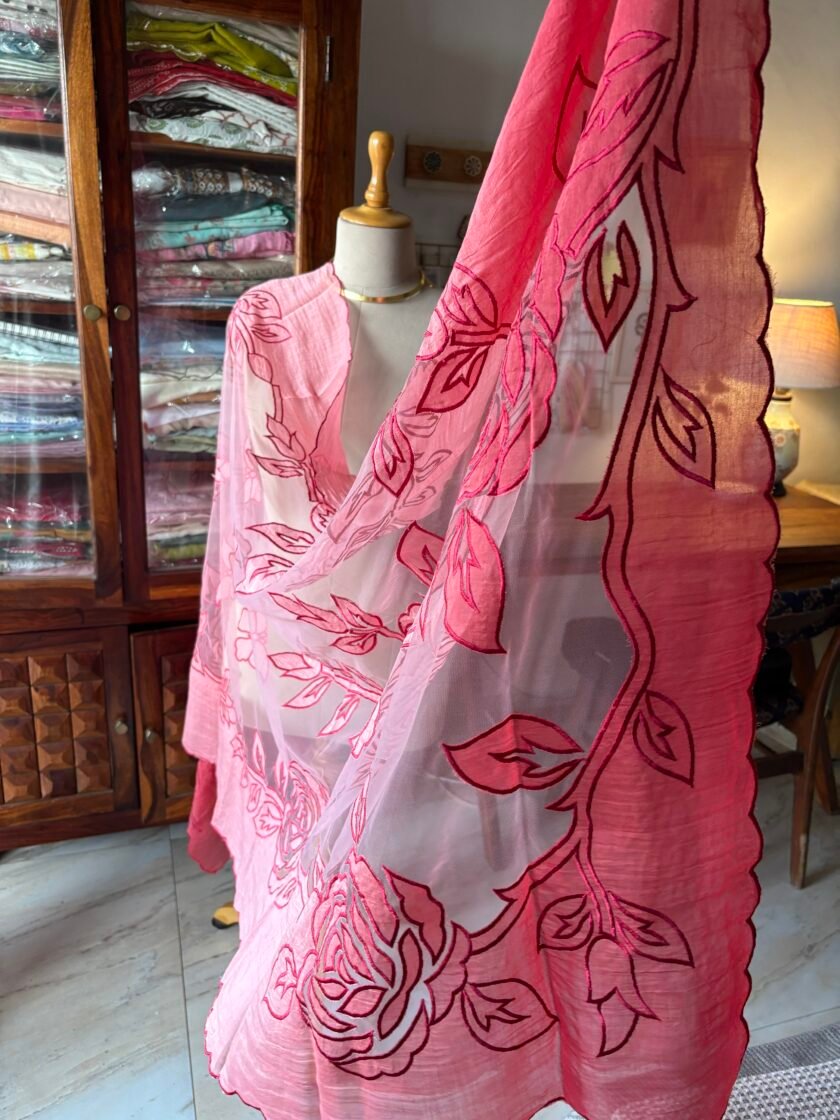 Cutwork Pure Chanderi Mul Salwars by Ikhtirah (Red-Pink Ombre) - Image 2