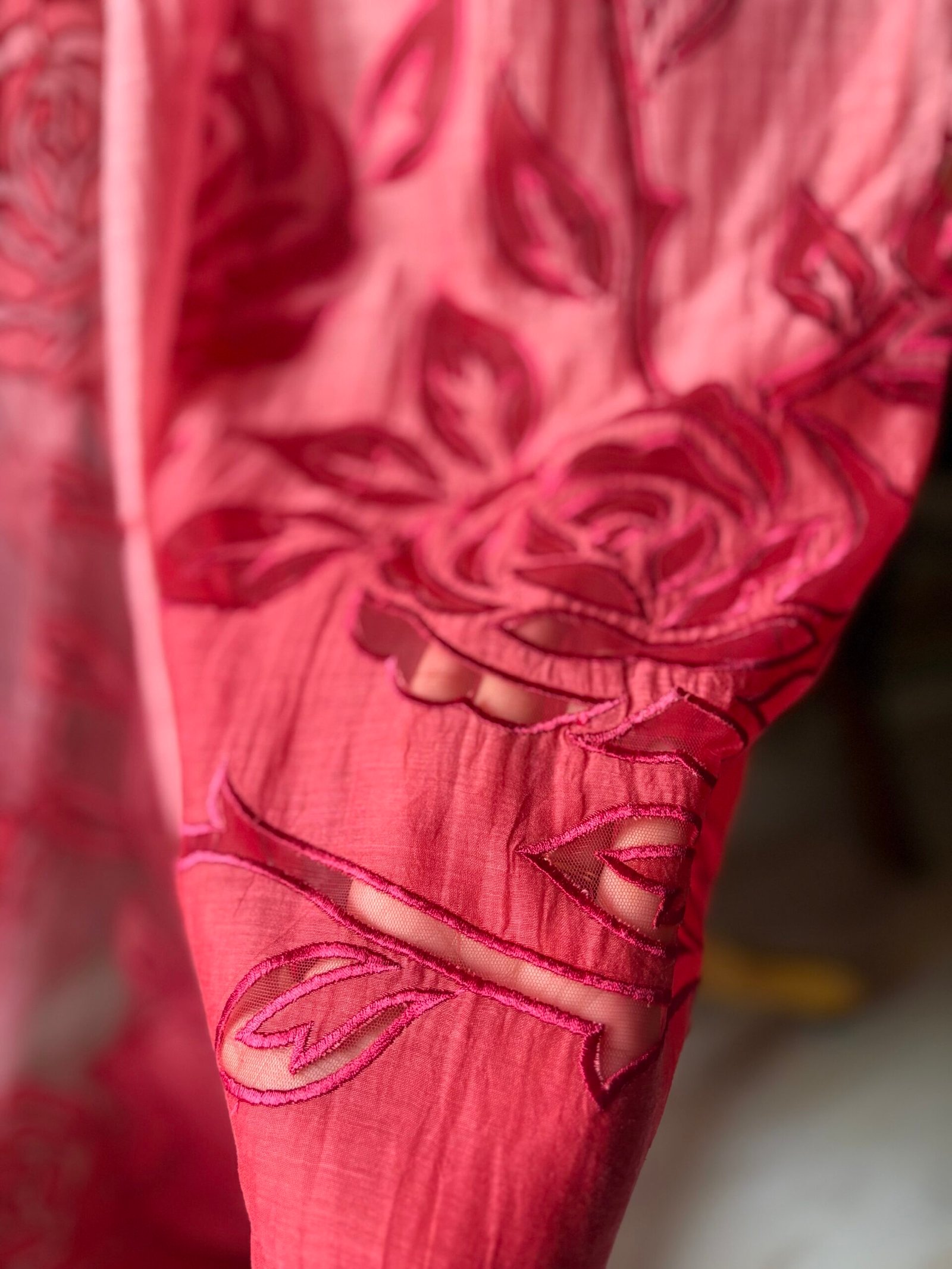 Cutwork Pure Chanderi Mul Salwars by Ikhtirah (Red-Pink Ombre) - Image 4