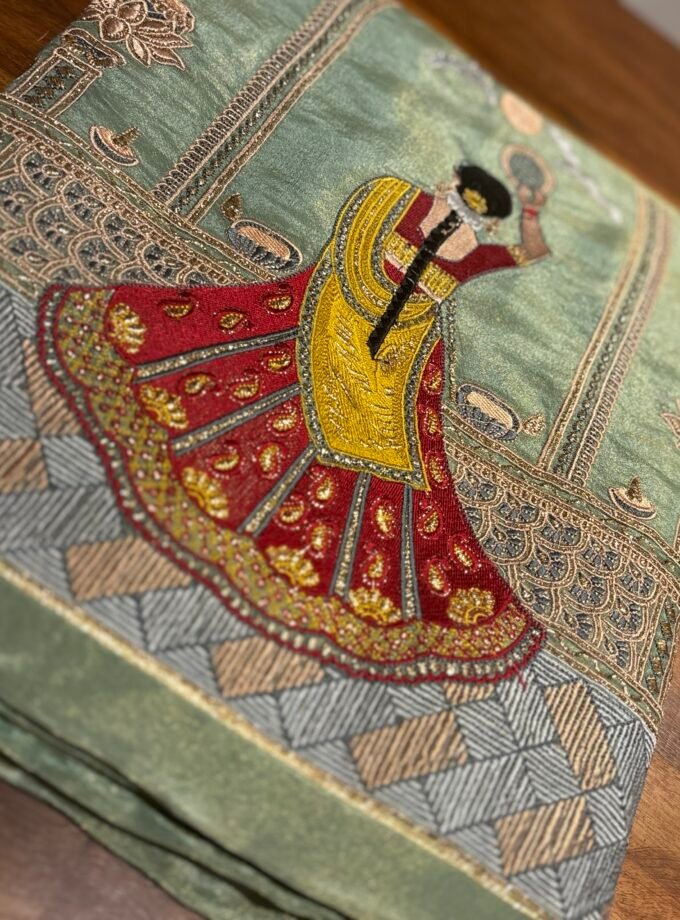 Embroidered Shimmer Tissue Salwars by Ikhtirah (Green)