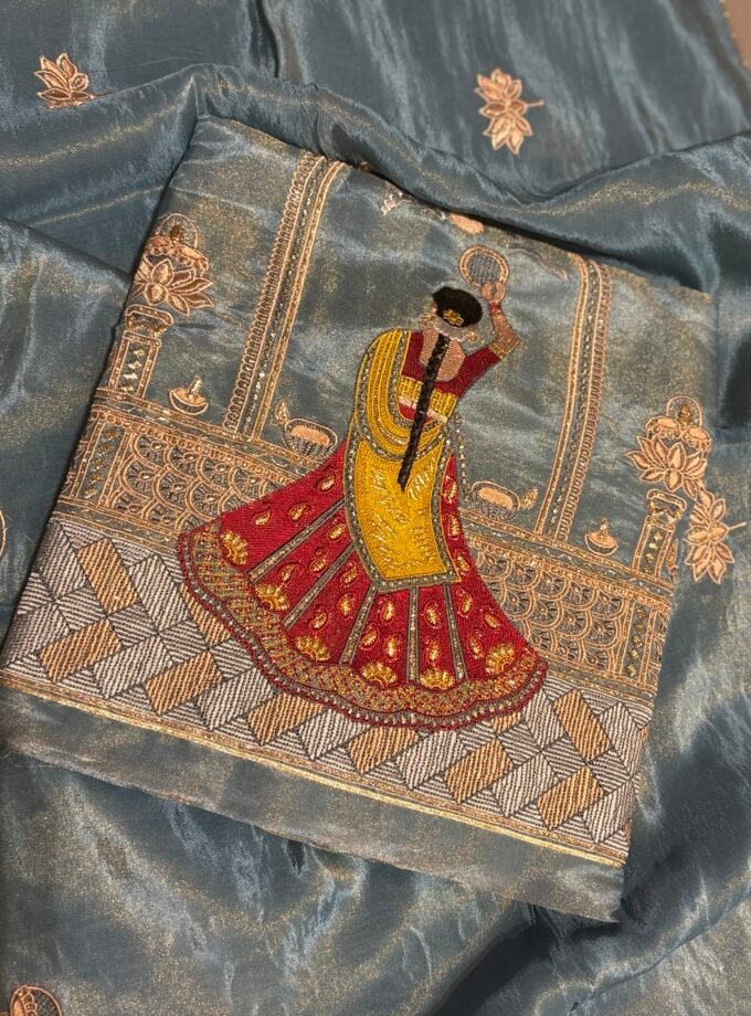 Embroidered Shimmer Tissue Salwars by Ikhtirah (Blue)