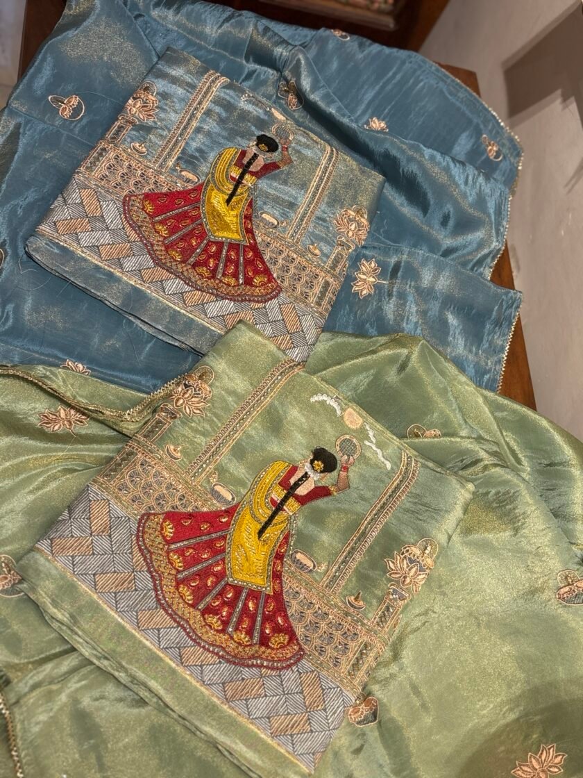 Embroidered Shimmer Tissue Salwars by Ikhtirah (Blue) - Image 3
