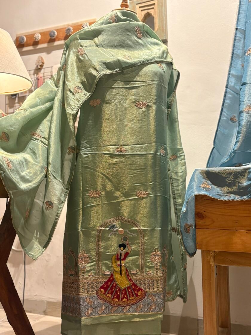 Embroidered Shimmer Tissue Salwars by Ikhtirah (Green) - Image 4