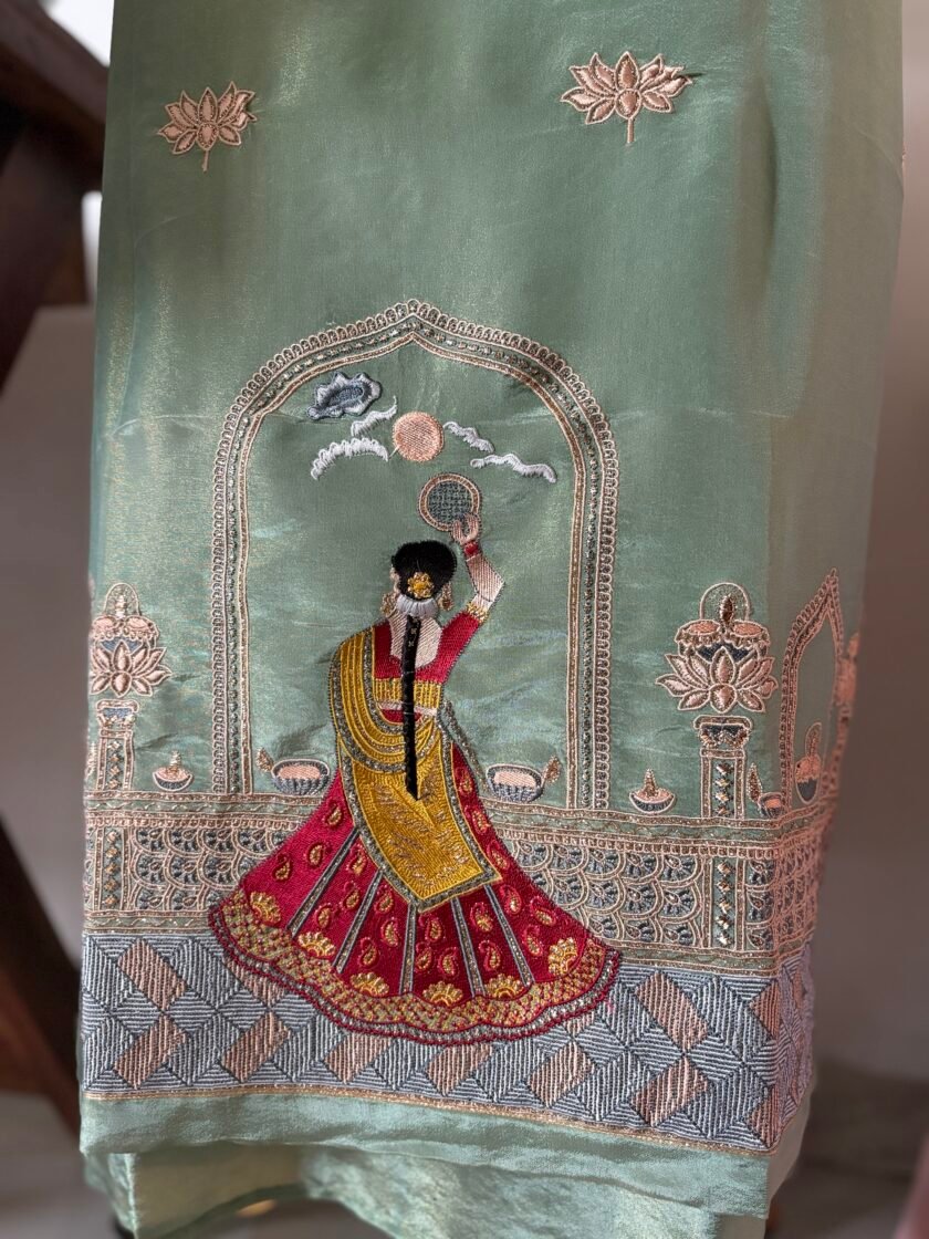 Embroidered Shimmer Tissue Salwars by Ikhtirah (Green) - Image 3