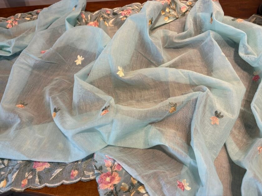 Floral Embroidered Mul Chanderi Salwars with hand highlights by Ikhtirah (Blue) - Image 3