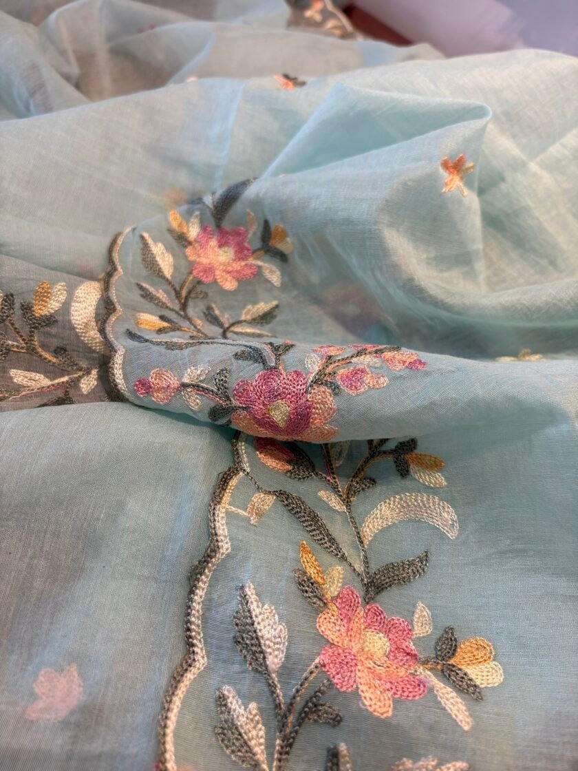 Floral Embroidered Mul Chanderi Salwars with hand highlights by Ikhtirah (Blue) - Image 2