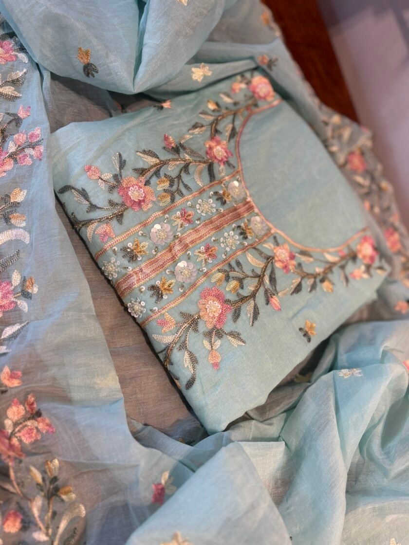 Floral Embroidered Mul Chanderi Salwars with hand highlights by Ikhtirah (Blue) - Image 5