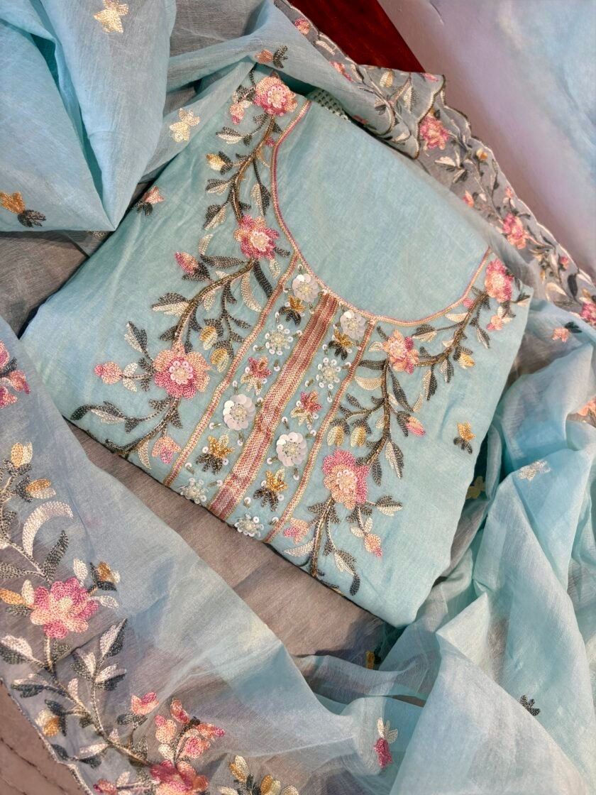 Floral Embroidered Mul Chanderi Salwars with hand highlights by Ikhtirah (Blue)
