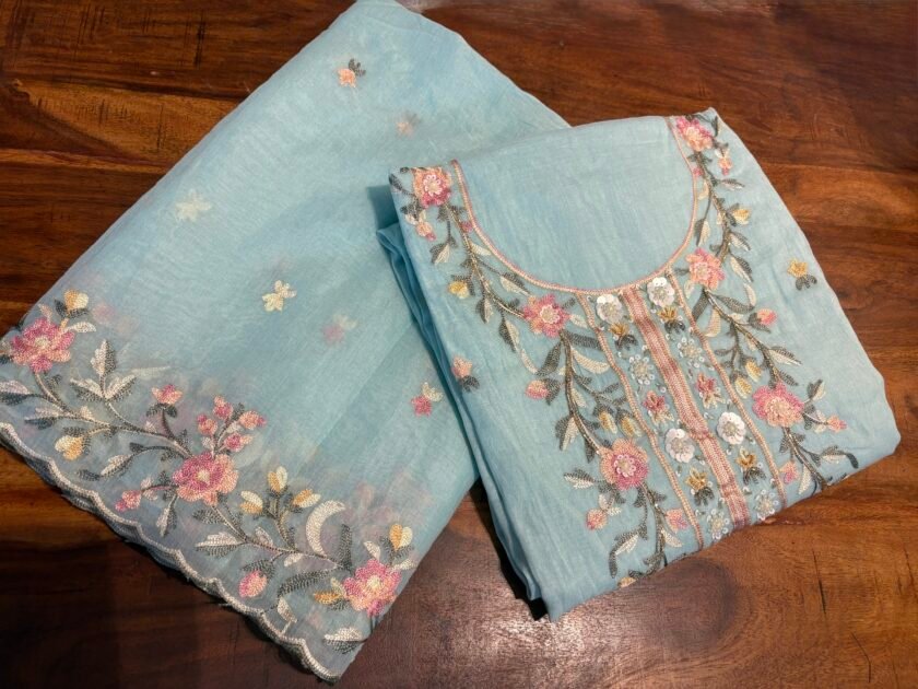 Floral Embroidered Mul Chanderi Salwars with hand highlights by Ikhtirah (Blue) - Image 6